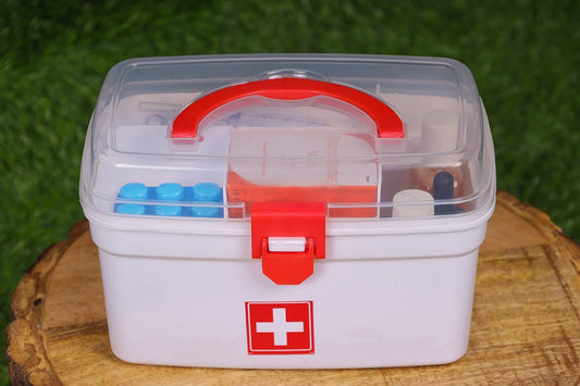 WINZELLA First Aid Kit Emergency Medicine Storage Box with Detachable Tray and Transparent Lid and Handle for Home Travel (Box Only)
